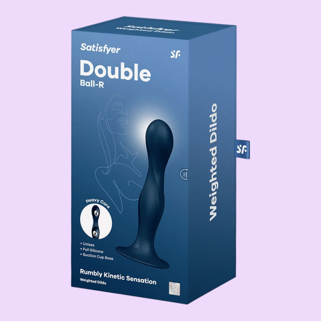 Дилдо Satisfyer Double Ball-R — унісекс, рухомі кульки всередині, присоска (червоний/синій)