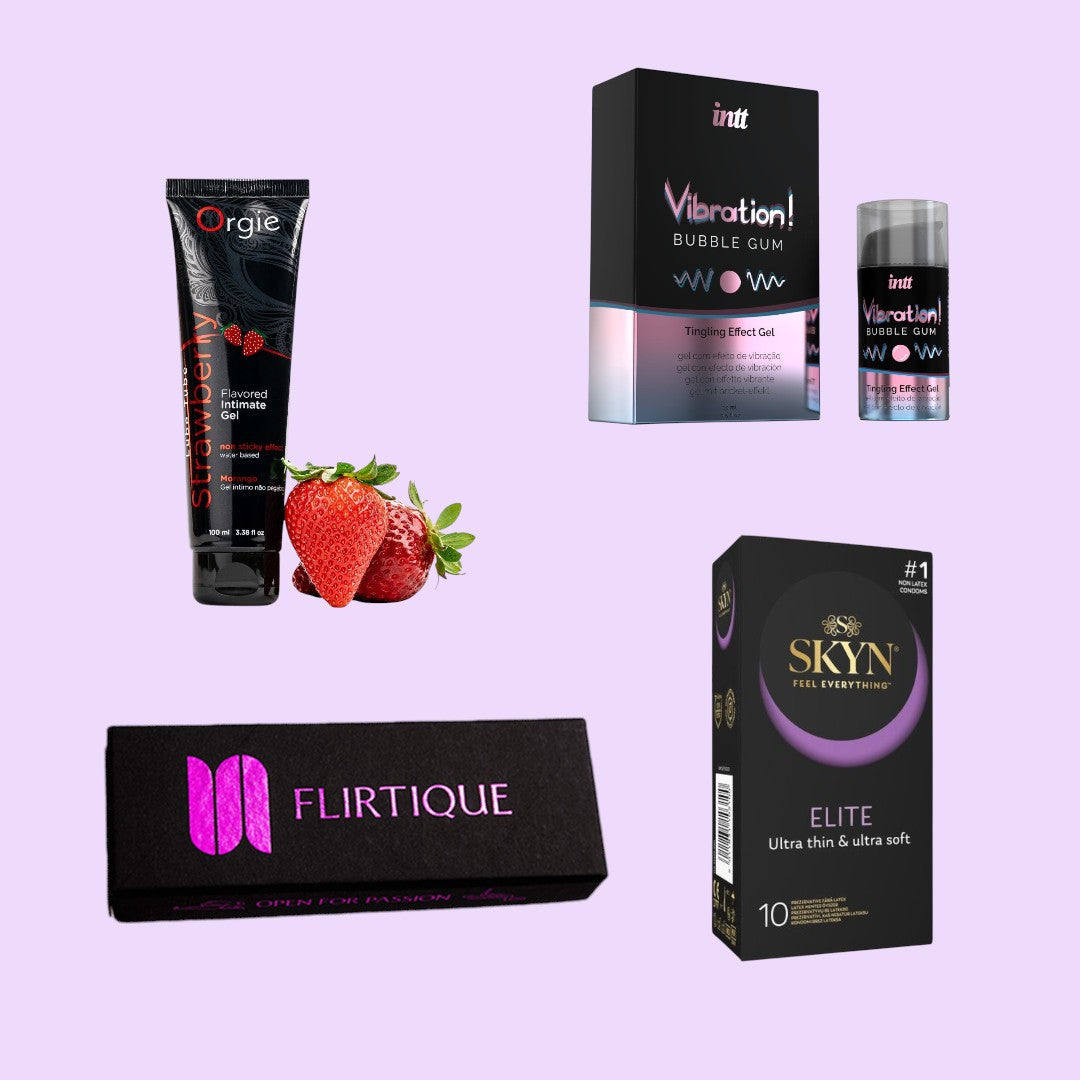 Набір Sweet & Safe Set - шоколад для пар Flirtique, презервативи SKYN Elite (10 шт), лубрикант, рідкий вібратор - в подарунок