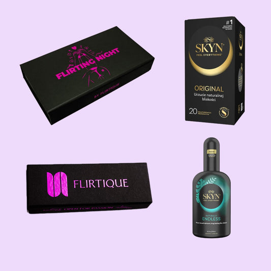 Набір Flirtique Night Ritual Set - шоколад з афродизіаком та гра для пар, лубрикант, презервативи SKYN Original (20 шт) - у подарунок