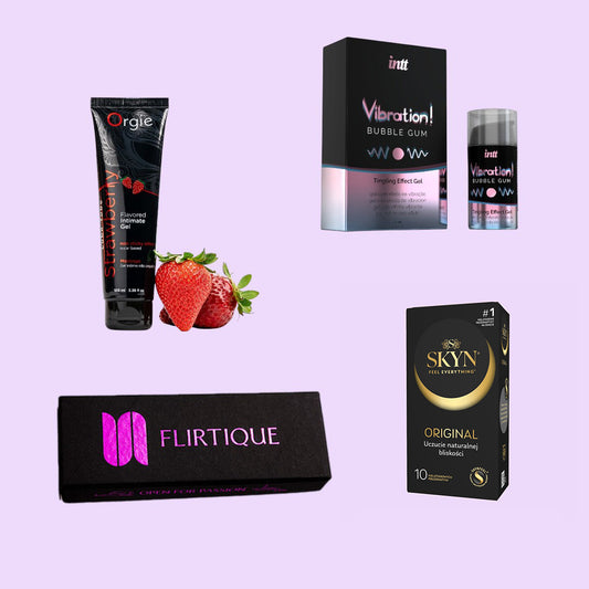 Набір Sweet & Safe Set - шоколад для пар Flirtique, презервативи SKYN Elite (10 шт), лубрикант, рідкий вібратор - в подарунок