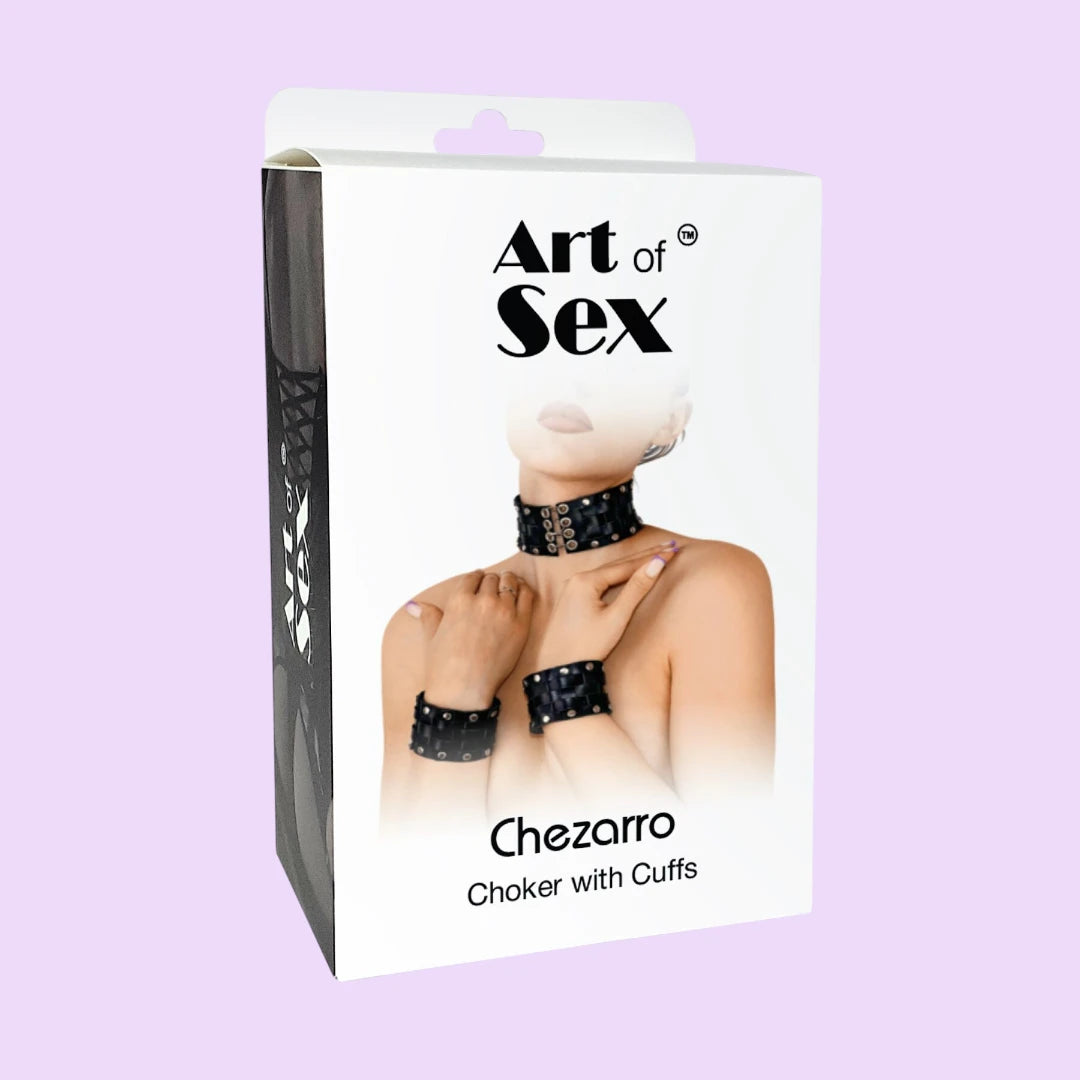 Шкіряний чокер з манжетами Art of Sex – Leather Chezarro, чорний