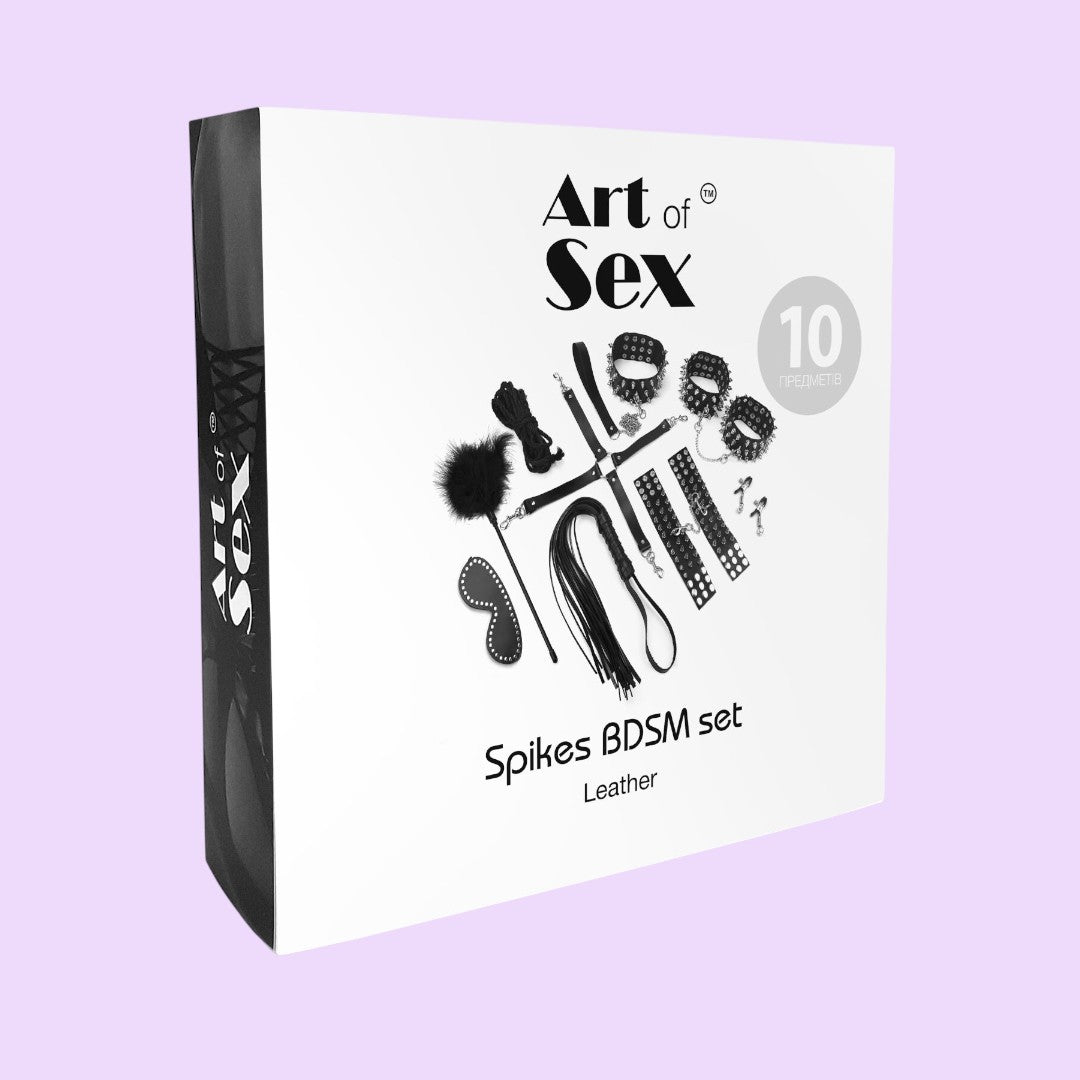 BDSM-набір Art of Sex – Spikes BDSM Set Leather, 10 предметів, чорний, натуральна шкіра