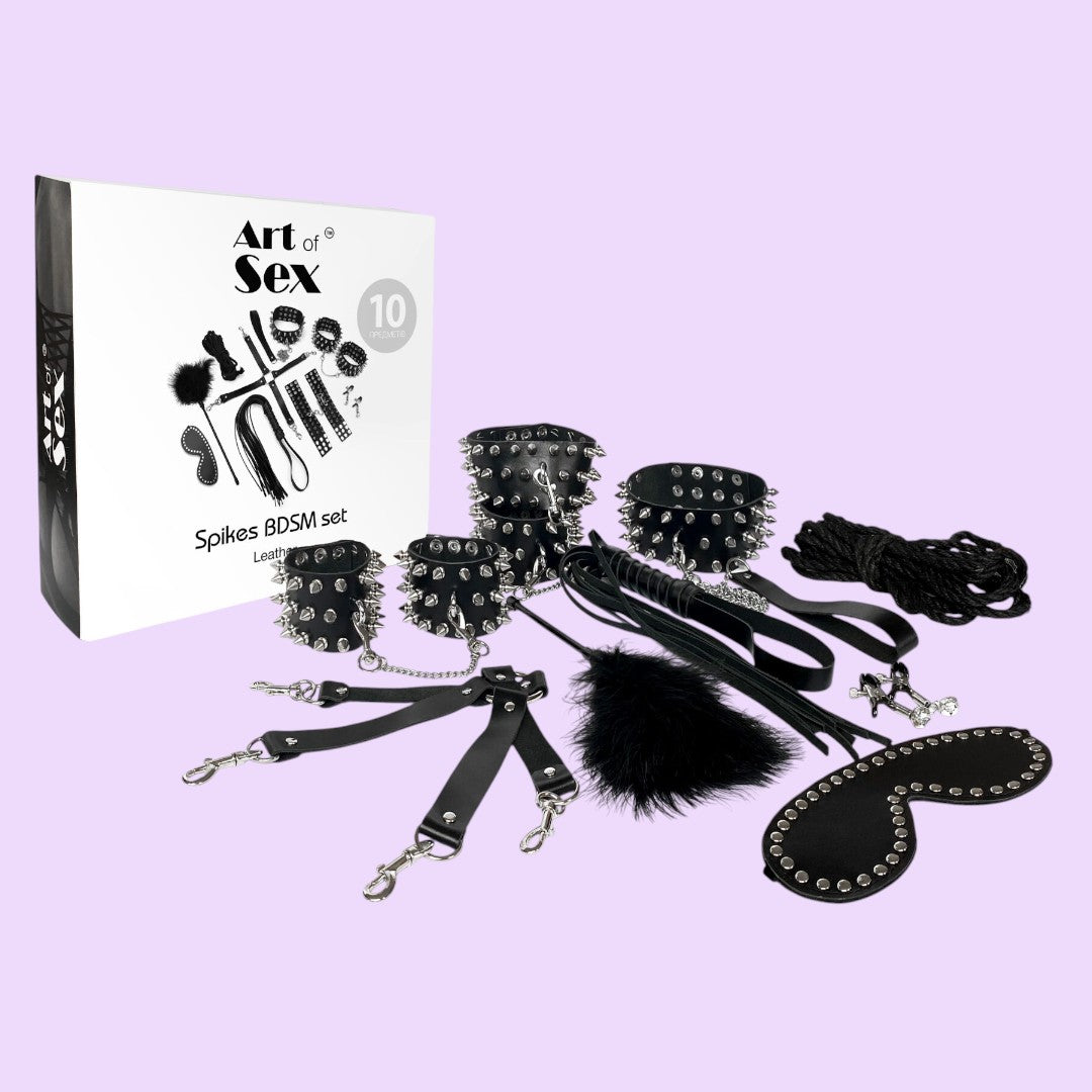 BDSM-набір Art of Sex – Spikes BDSM Set Leather, 10 предметів, чорний, натуральна шкіра
