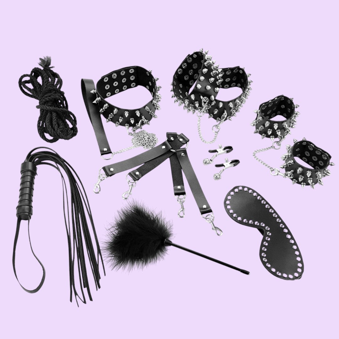 BDSM-набір Art of Sex – Spikes BDSM Set Leather, 10 предметів, чорний, натуральна шкіра