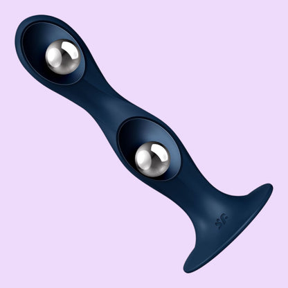 Дилдо Satisfyer Double Ball-R — унісекс, рухомі кульки всередині, присоска (червоний/синій)